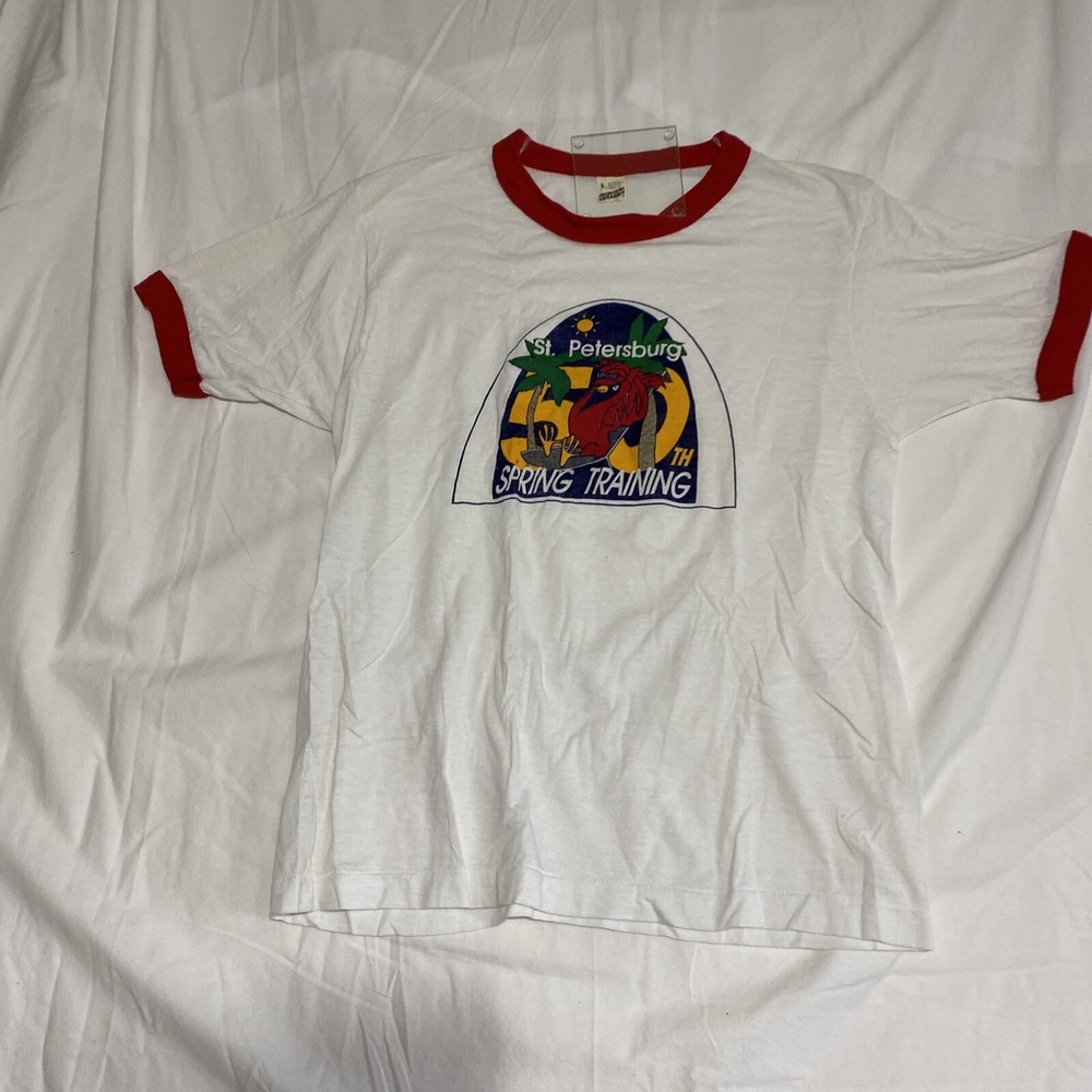 Screen Stars Ringer T-Shirt Mens L White Excellent Vintage St Pete Baseball 50th